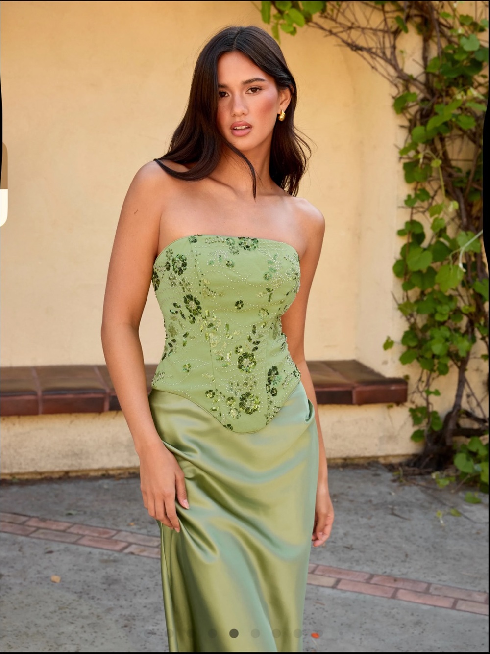 Cider Green Strapless Embellished Satin Skirt Set